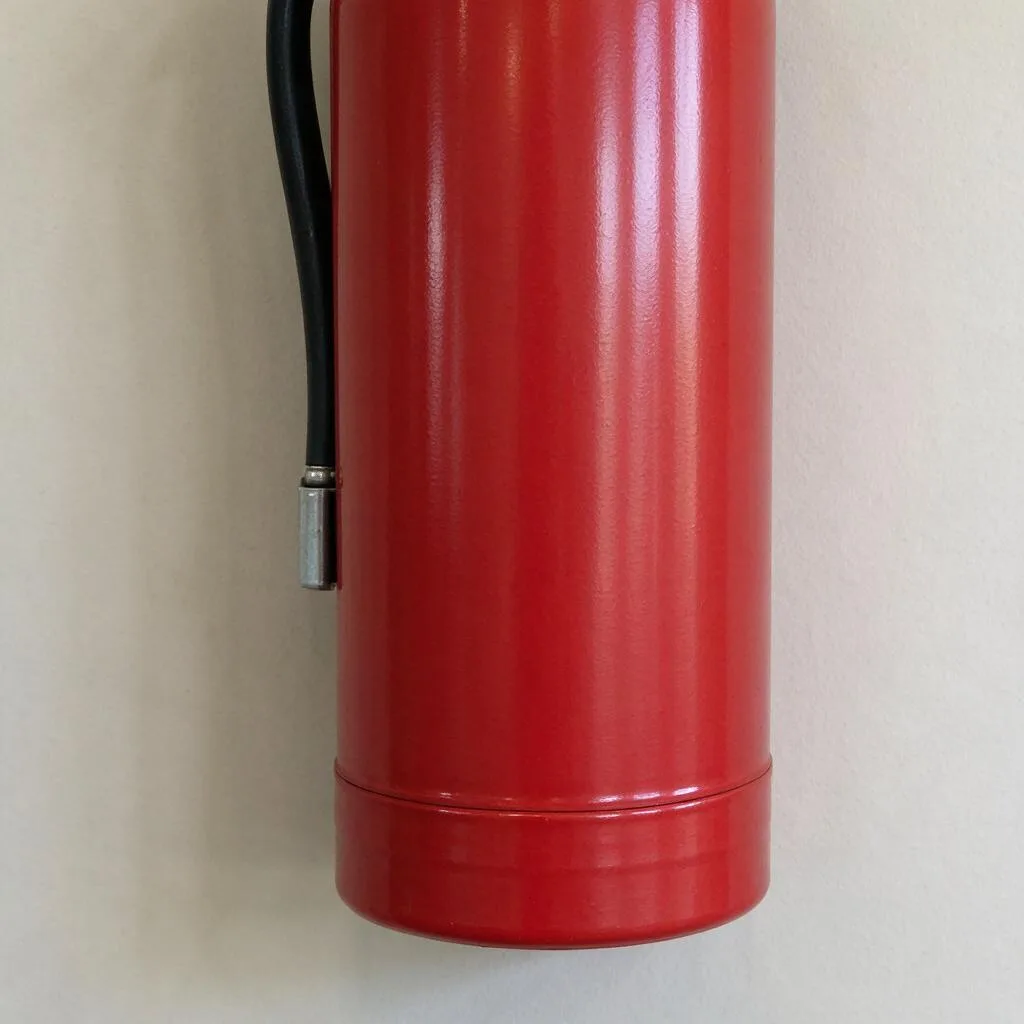 Illustration of a red fire extinguisher hanging on a plain pale wall