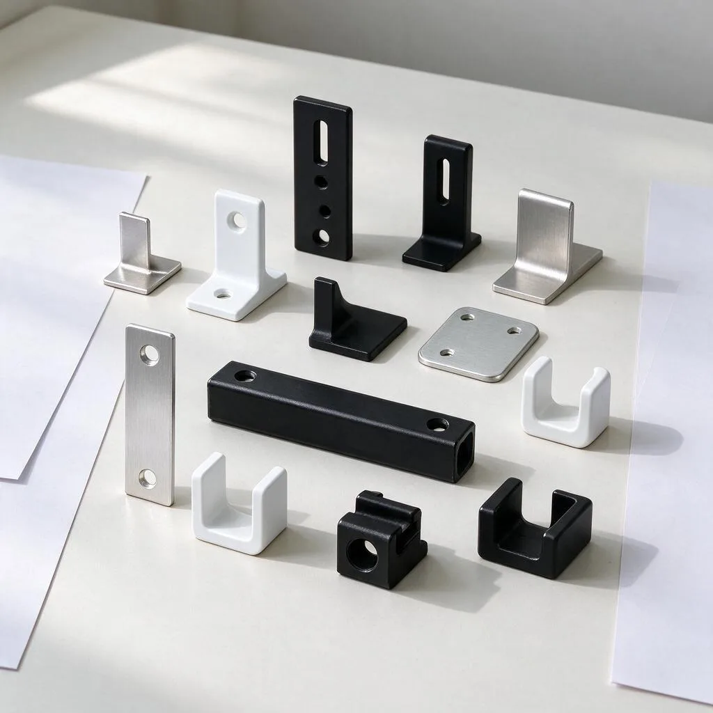 Illustration of brackets, mounts and holders arranged on a pale table