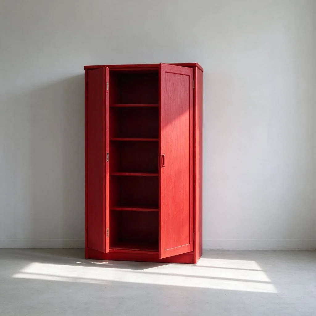 Illustration of a red cabinet with its door open beside a plain pale wall