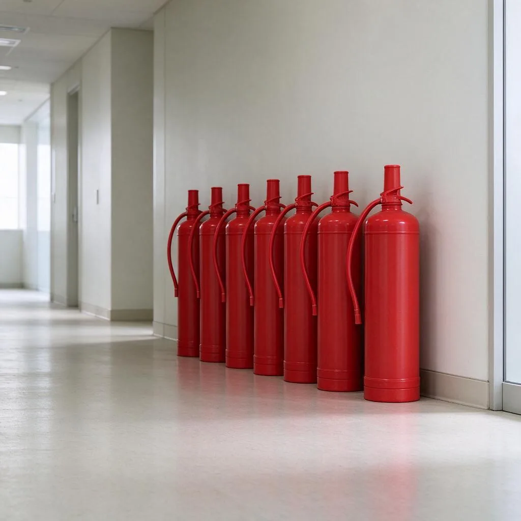Illustration of red fire extinguishers standing along a plain office corridor wall