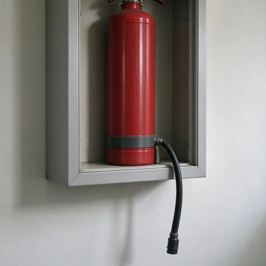 Illustration of the lower body of a red fire extinguisher inside an open wall cabinet