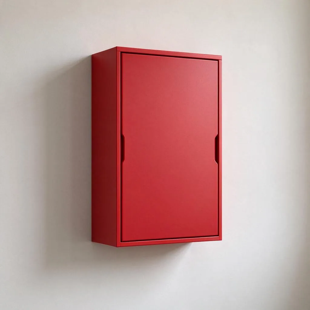 Illustration of a closed red cabinet mounted on a plain pale wall