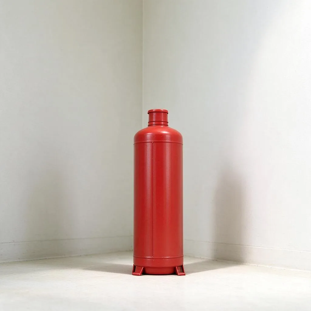 Illustration of a tall red fire extinguisher standing in a corner against a plain pale wall