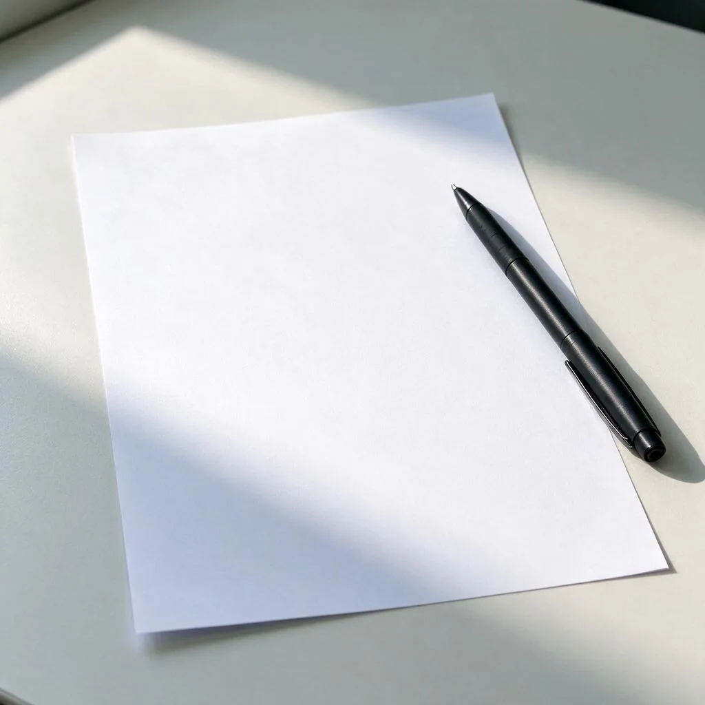 Illustration of a blank sheet of paper and a pen on a pale desk