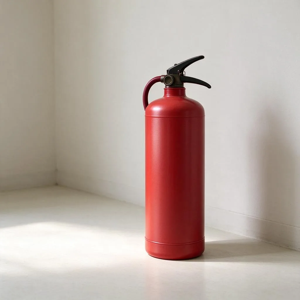 Illustration of a red fire extinguisher standing on a pale floor beside a plain wall