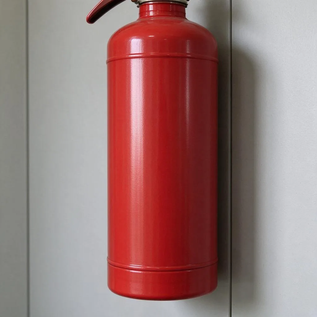 Illustration of a red fire extinguisher standing beside a plain unmarked wall panel