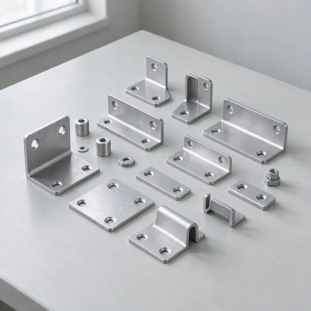 Illustration of plain metal brackets and mounts arranged on a pale table