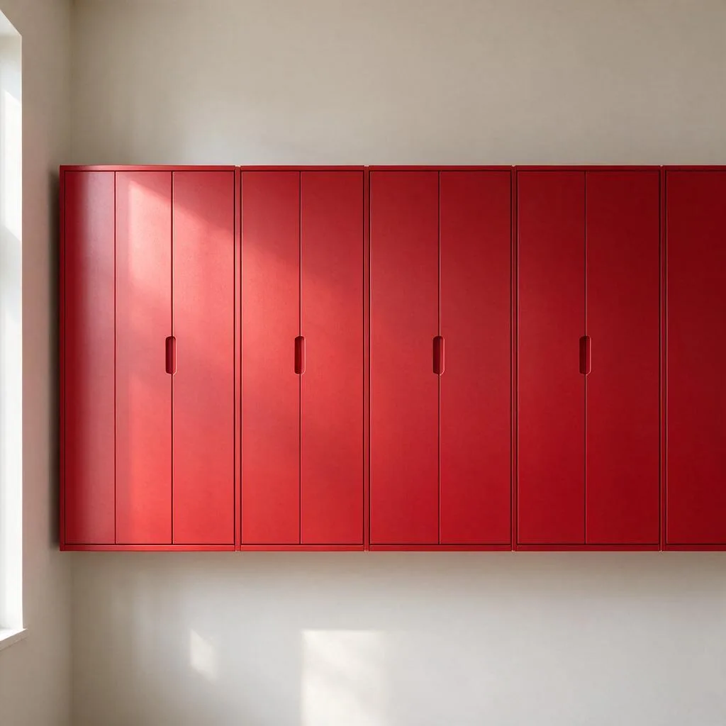 Illustration of red wall cabinets standing in a row against a plain pale wall