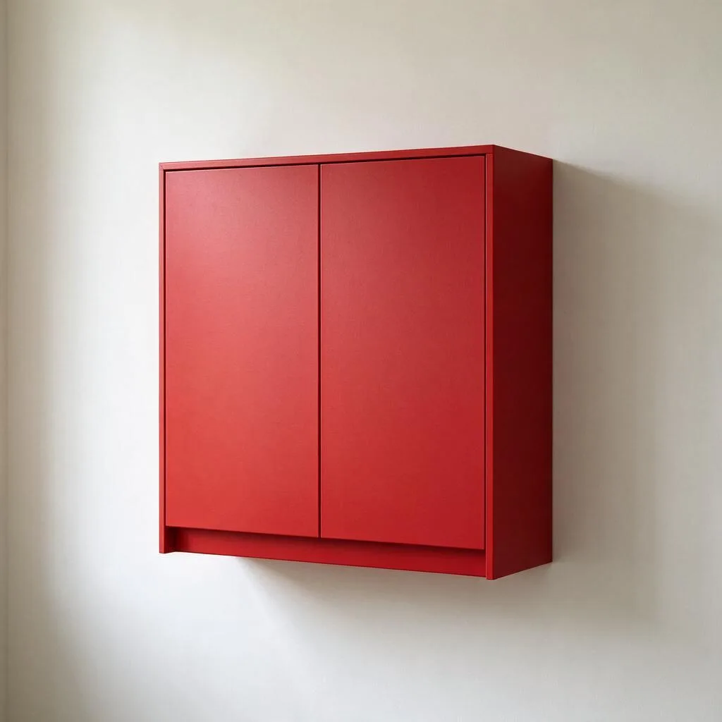 Illustration of a closed red cabinet mounted on a plain pale wall