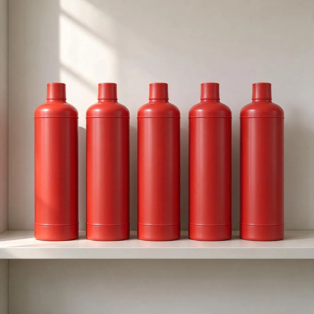Illustration of a row of red fire extinguishers with blank unmarked bodies on a pale shelf