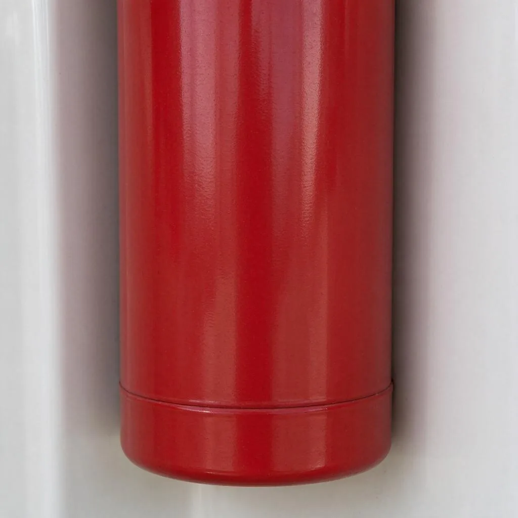 Illustration of a red fire extinguisher mounted on a plain boat cabin wall