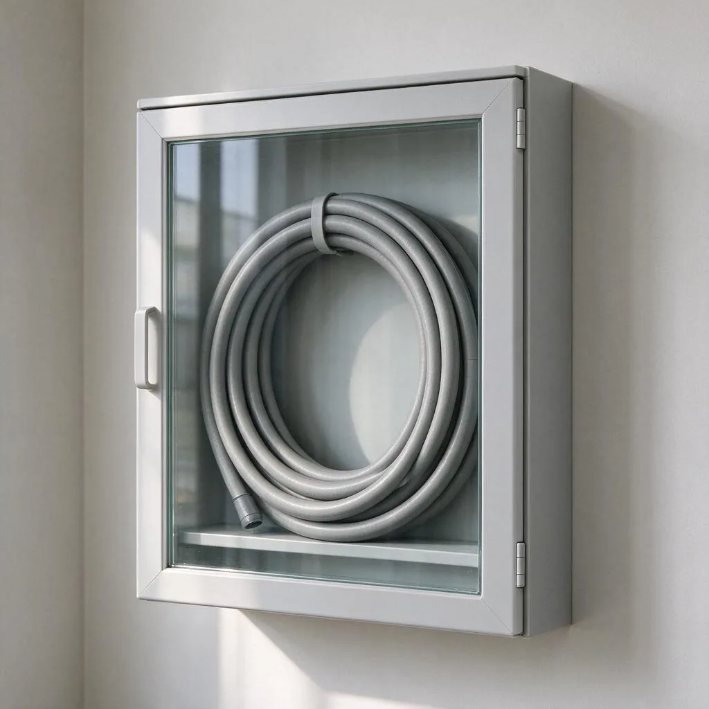 Illustration of a wall cabinet with a coiled hose visible behind a plain glass door