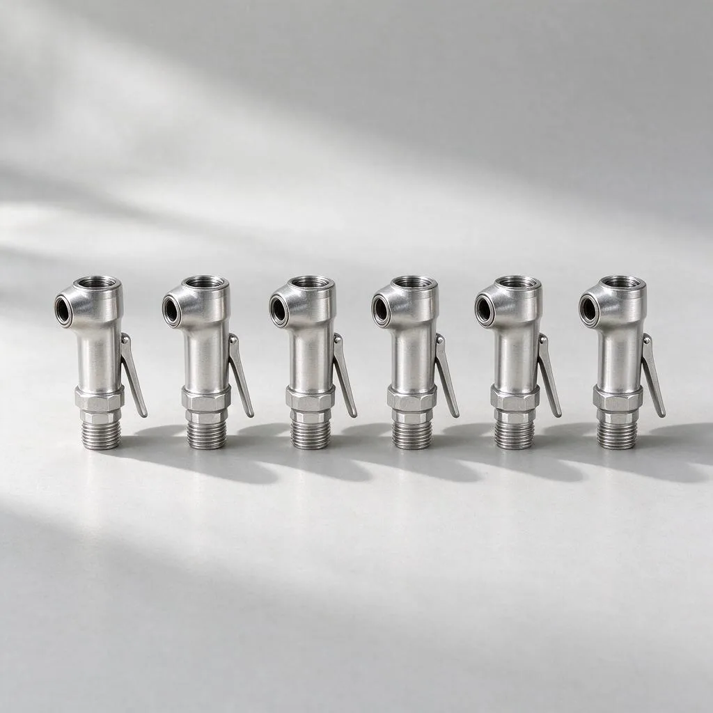 Illustration of plain metal hose nozzles arranged in a row on a pale surface