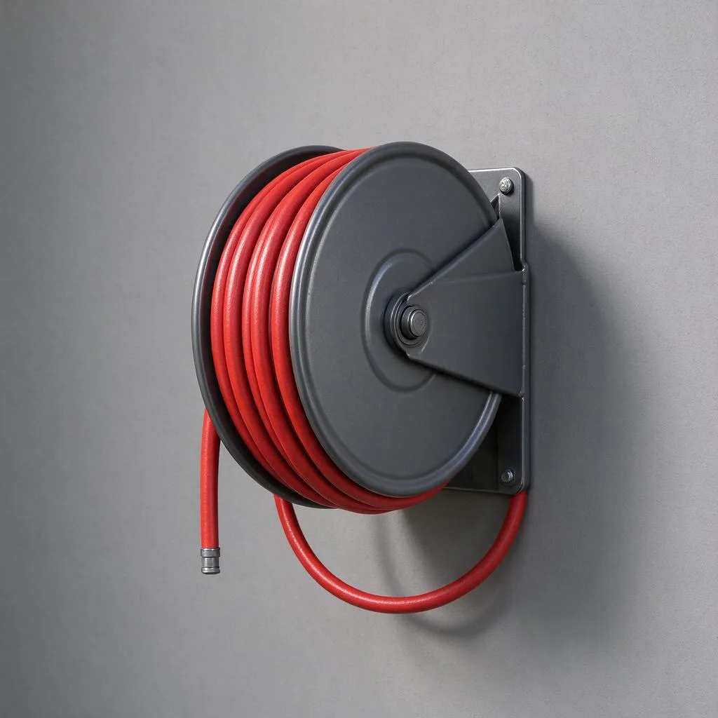 Illustration of a wall-mounted reel drum with a coiled red hose against a plain wall