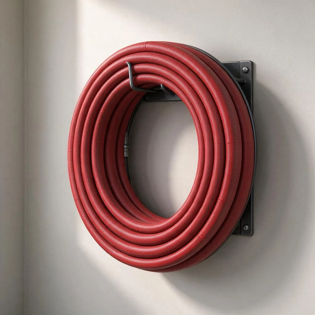 Illustration of a red fire hose coiled on a round wall-mounted reel drum against a plain pale wall