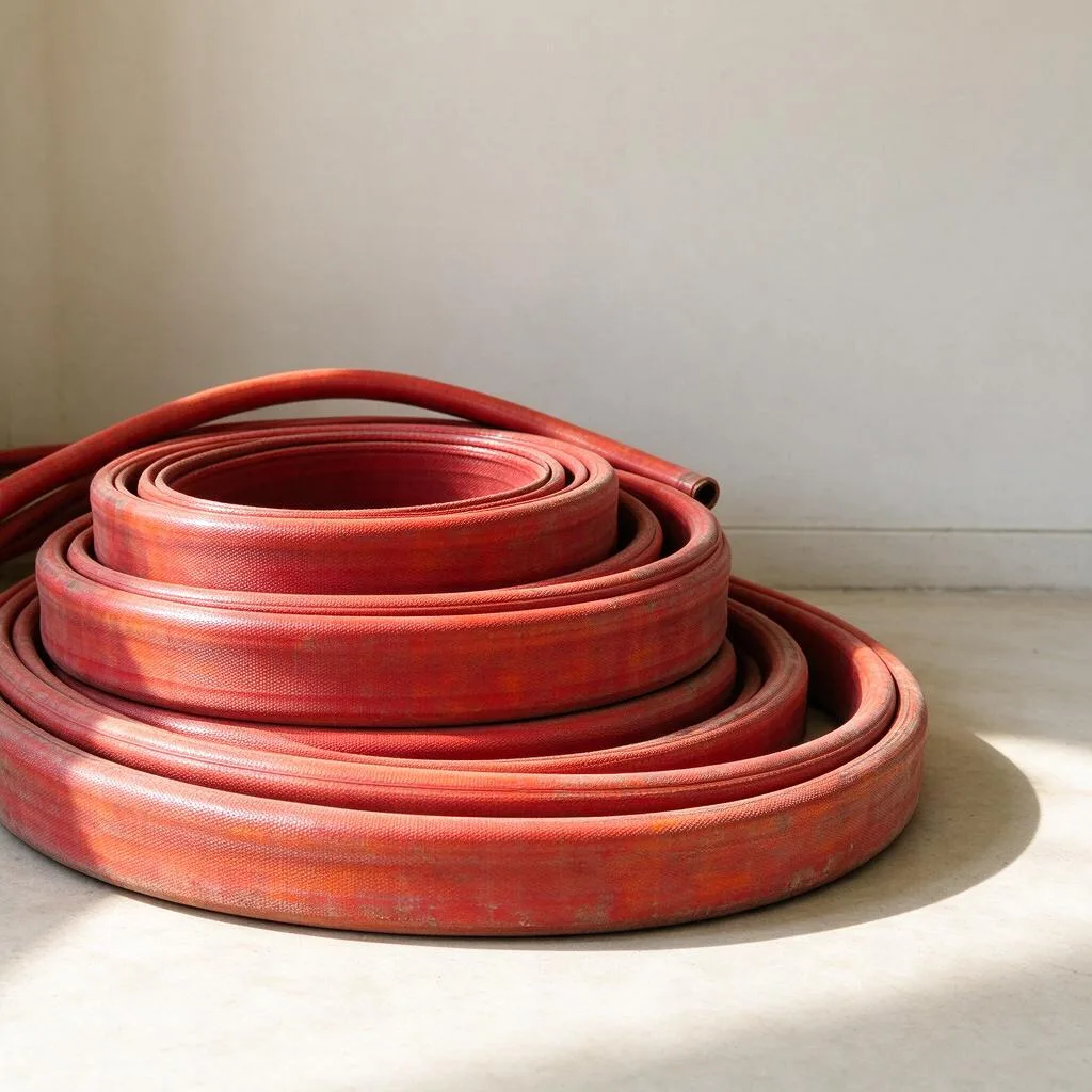 Illustration of coiled red fire hoses stacked on a pale floor against a plain wall