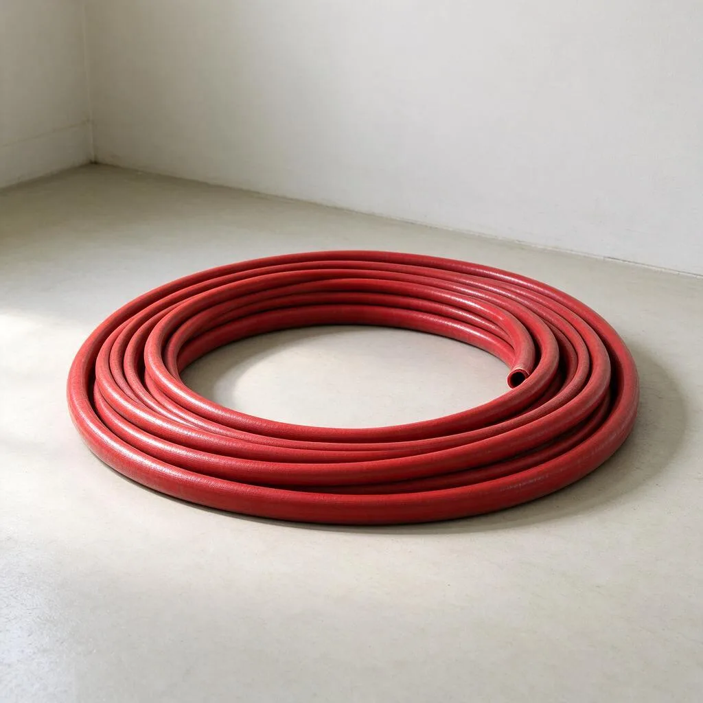 Illustration of a coiled red fire hose lying on a pale floor against a plain wall