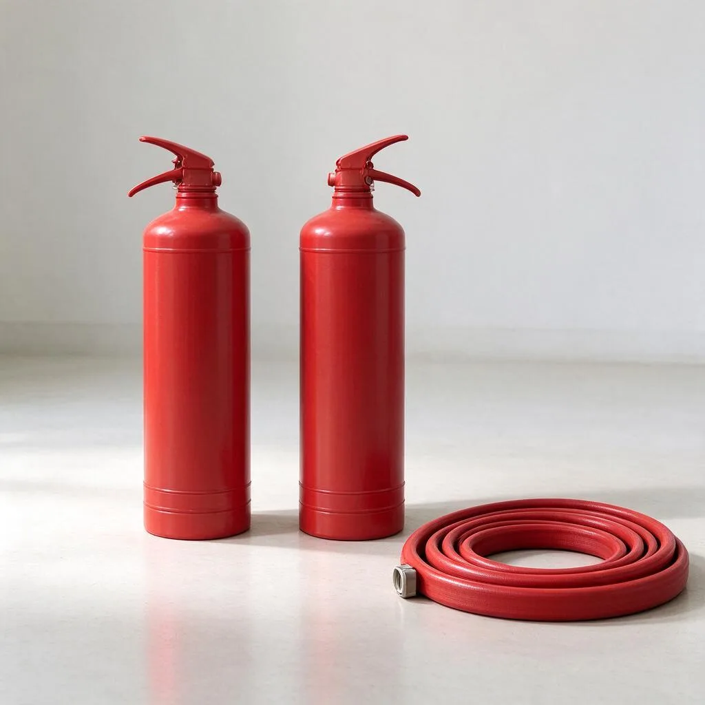 Illustration of red fire extinguishers seen from behind standing beside a coiled hose