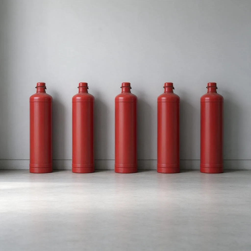 Illustration of red fire extinguishers seen from behind standing in a row along a plain corridor wall