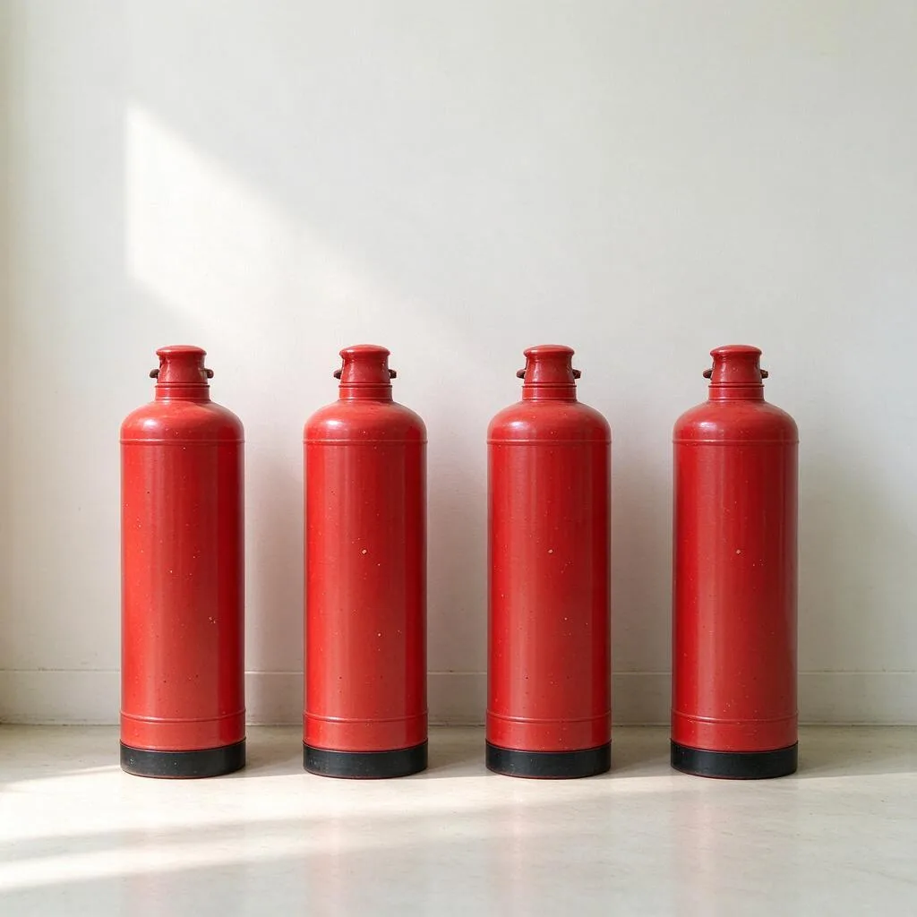 Illustration of a row of red fire extinguishers seen from behind on a pale floor