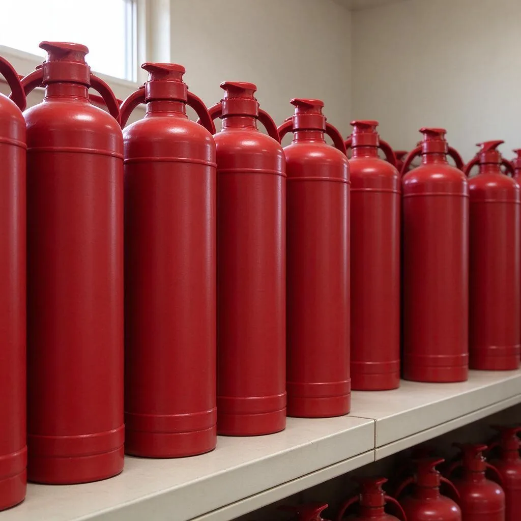 Illustration of rows of red fire extinguishers seen from behind on pale shelves