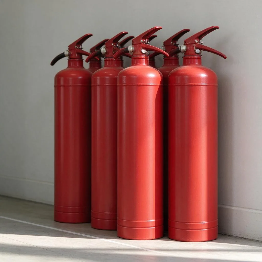 Illustration of red fire extinguishers seen from behind arranged along a plain pale wall