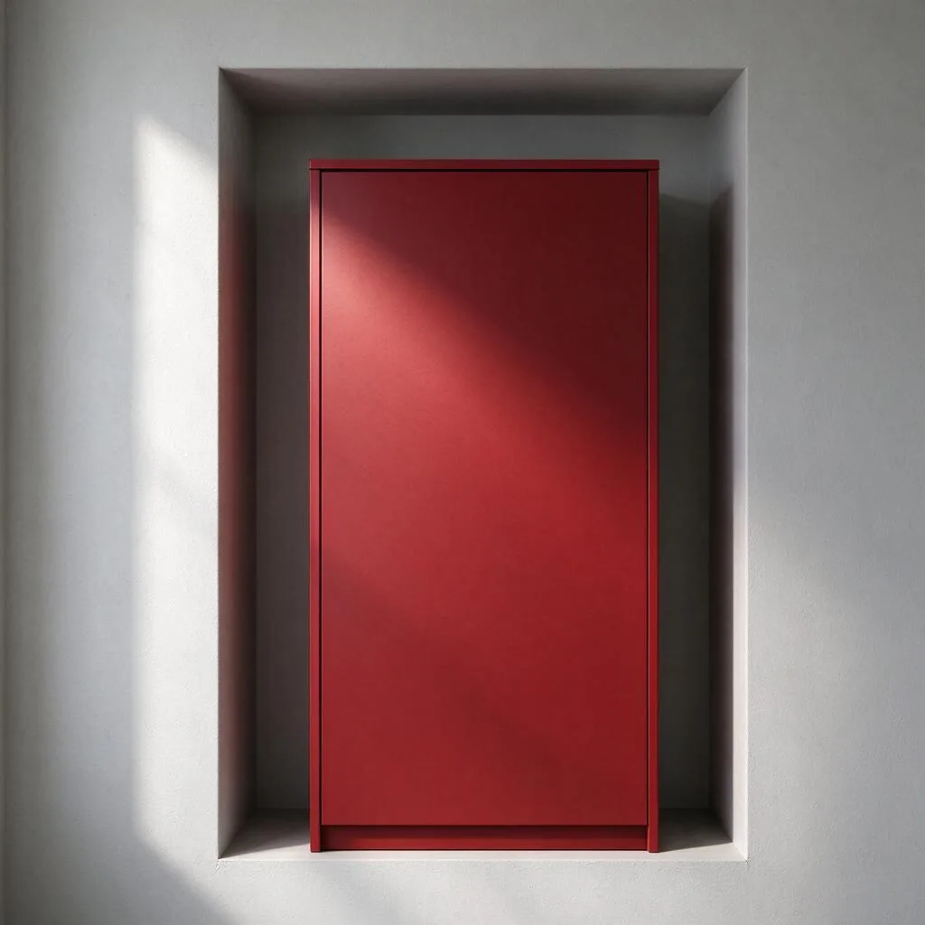 Illustration of a red cabinet set into a plain wall niche with the door closed
