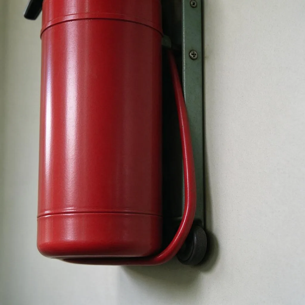 Illustration of a red fire extinguisher mounted on a wall bracket beside a plain pale wall