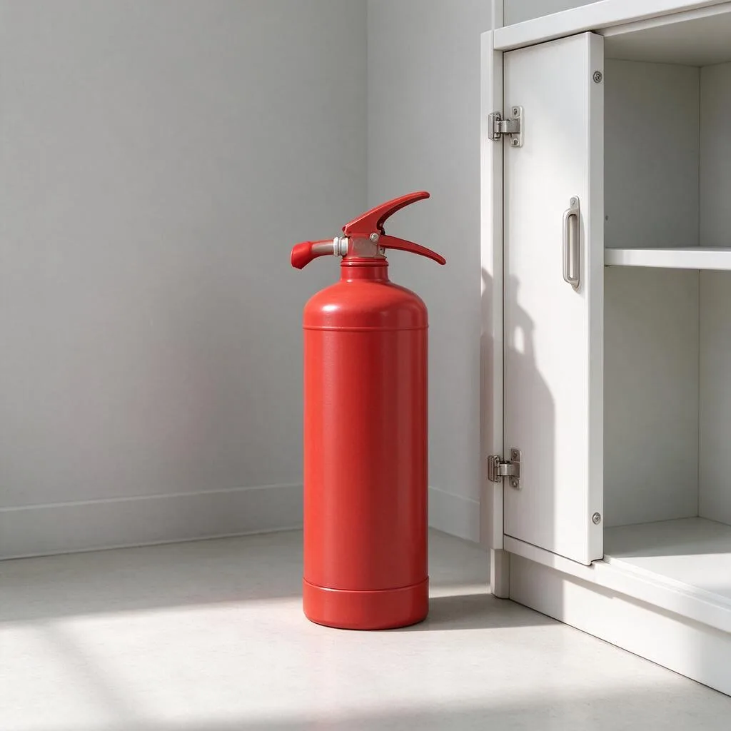 Illustration of a red fire extinguisher standing beside an open cabinet door